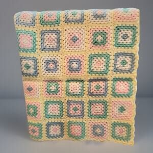 Vintage Handmade Granny Square Baby Blanket Pram Pastels 37 X 34